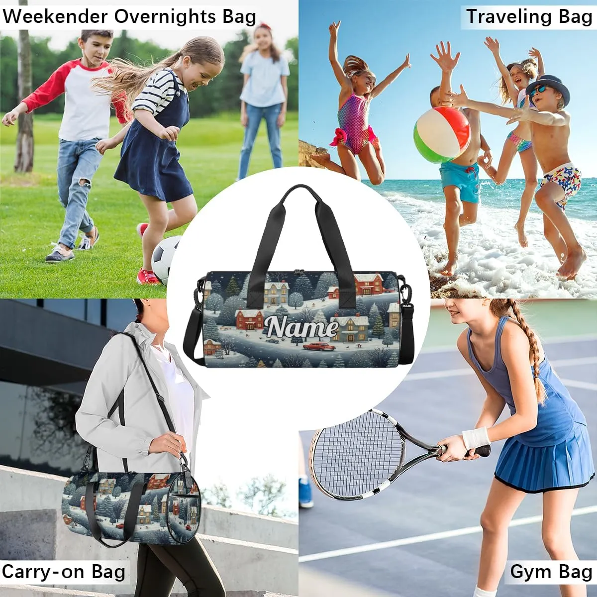 Personalized Sport Gym Bag Dance Duffle Ballet Bag Overnight Travel Sleepover Bags Swimming Hiking Camping, Vintage City Scene with Snow