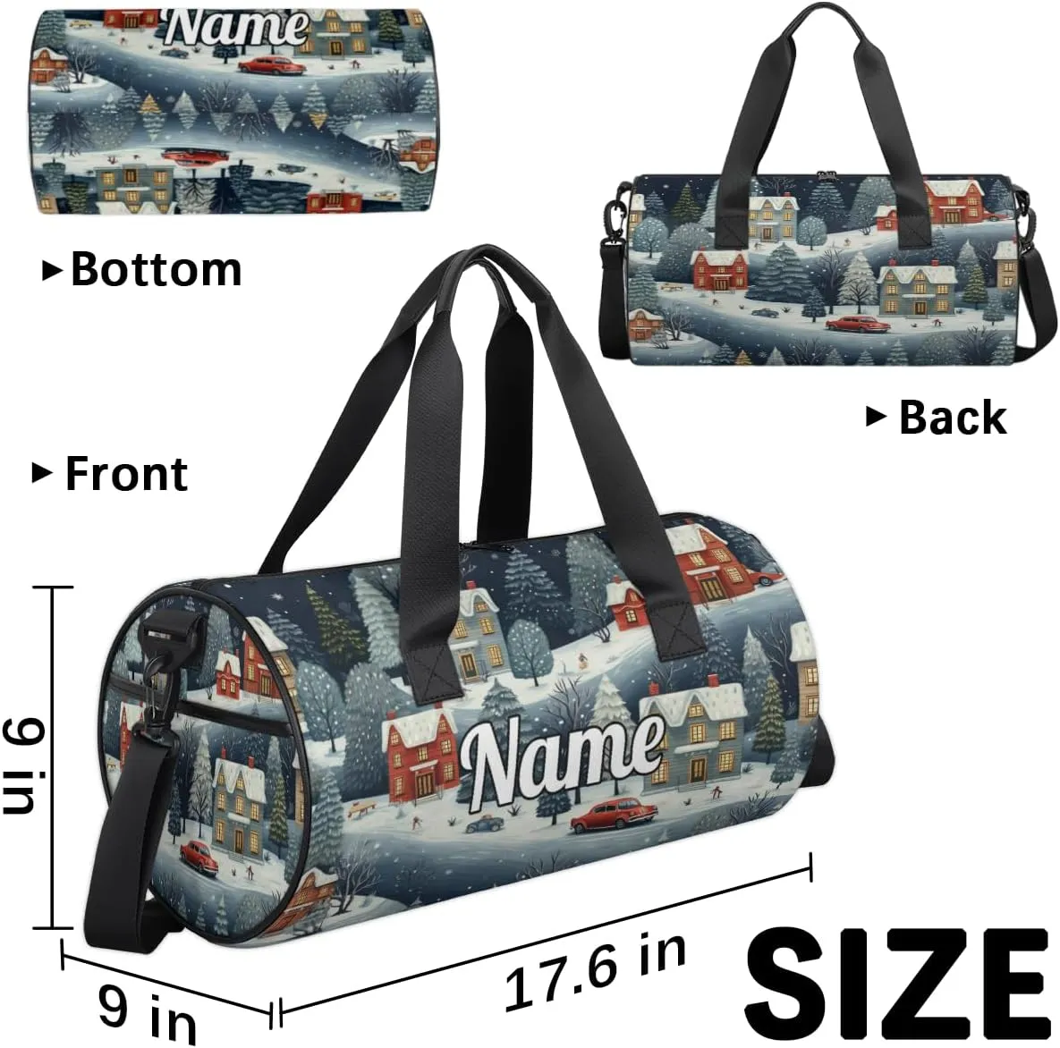 Personalized Sport Gym Bag Dance Duffle Ballet Bag Overnight Travel Sleepover Bags Swimming Hiking Camping, Vintage City Scene with Snow