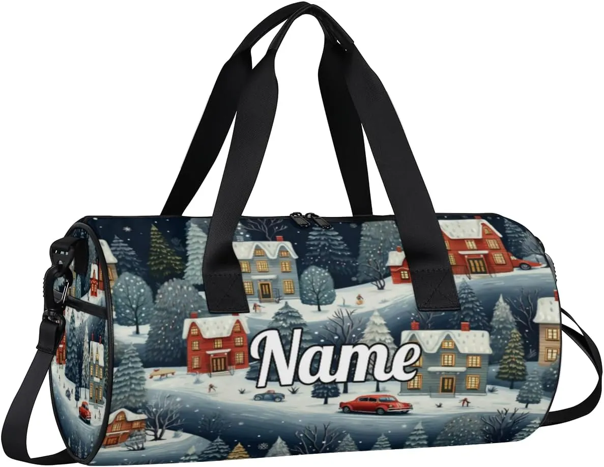 Personalized Sport Gym Bag Dance Duffle Ballet Bag Overnight Travel Sleepover Bags Swimming Hiking Camping, Vintage City Scene with Snow