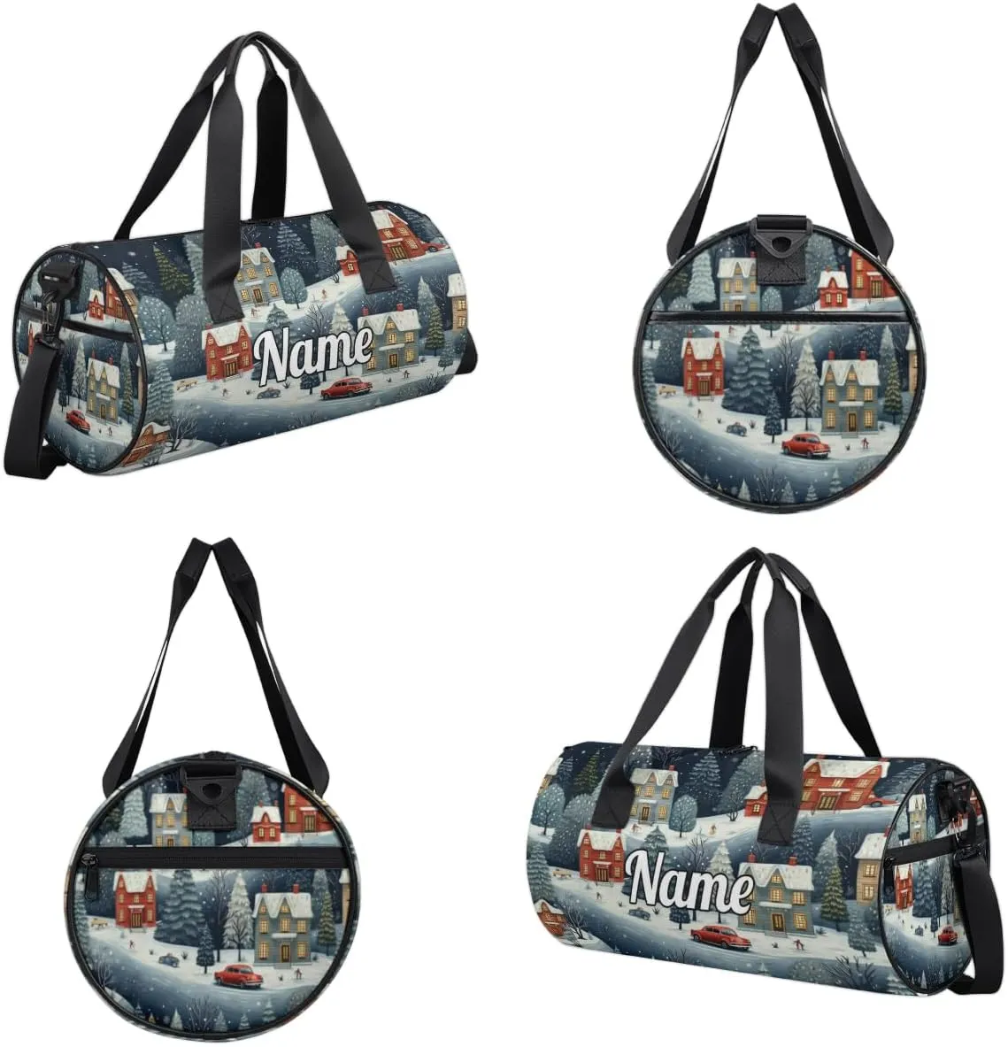 Personalized Sport Gym Bag Dance Duffle Ballet Bag Overnight Travel Sleepover Bags Swimming Hiking Camping, Vintage City Scene with Snow