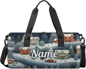 Personalized Sport Gym Bag Dance Duffle Ballet Bag Overnight Travel Sleepover Bags Swimming Hiking Camping, Vintage City Scene with Snow