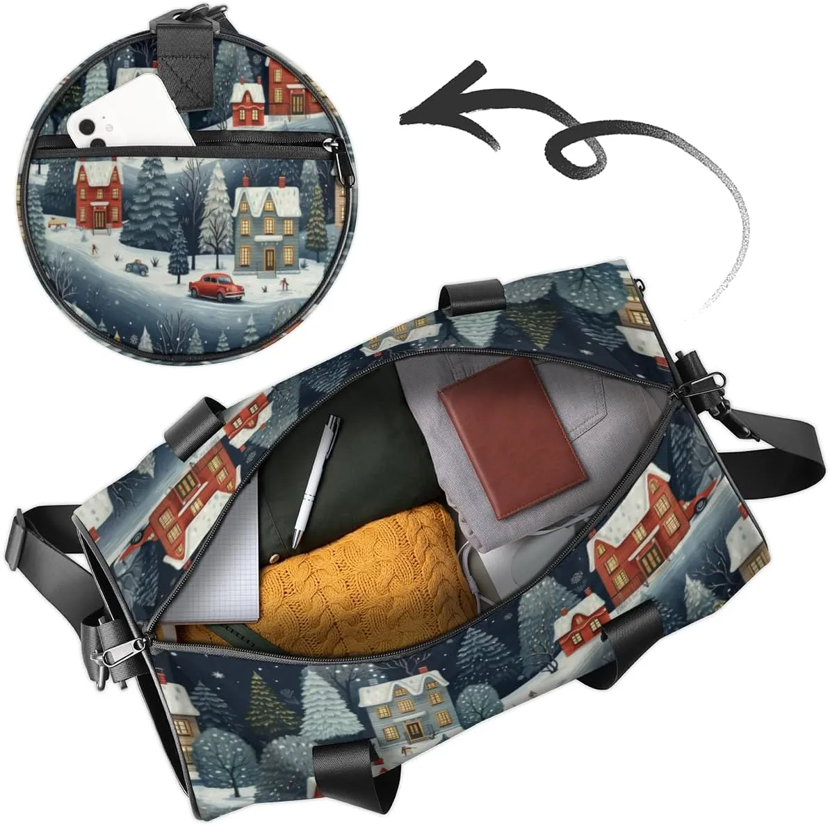 Personalized Sport Gym Bag Dance Duffle Ballet Bag Overnight Travel Sleepover Bags Swimming Hiking Camping, Vintage City Scene with Snow