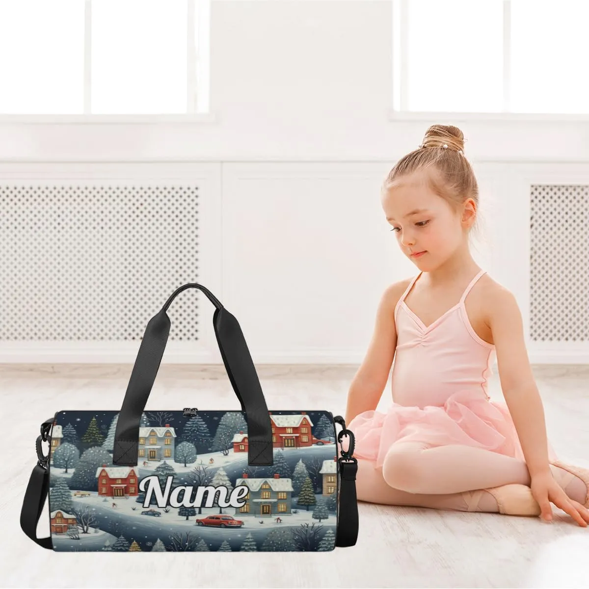 Personalized Sport Gym Bag Dance Duffle Ballet Bag Overnight Travel Sleepover Bags Swimming Hiking Camping, Vintage City Scene with Snow