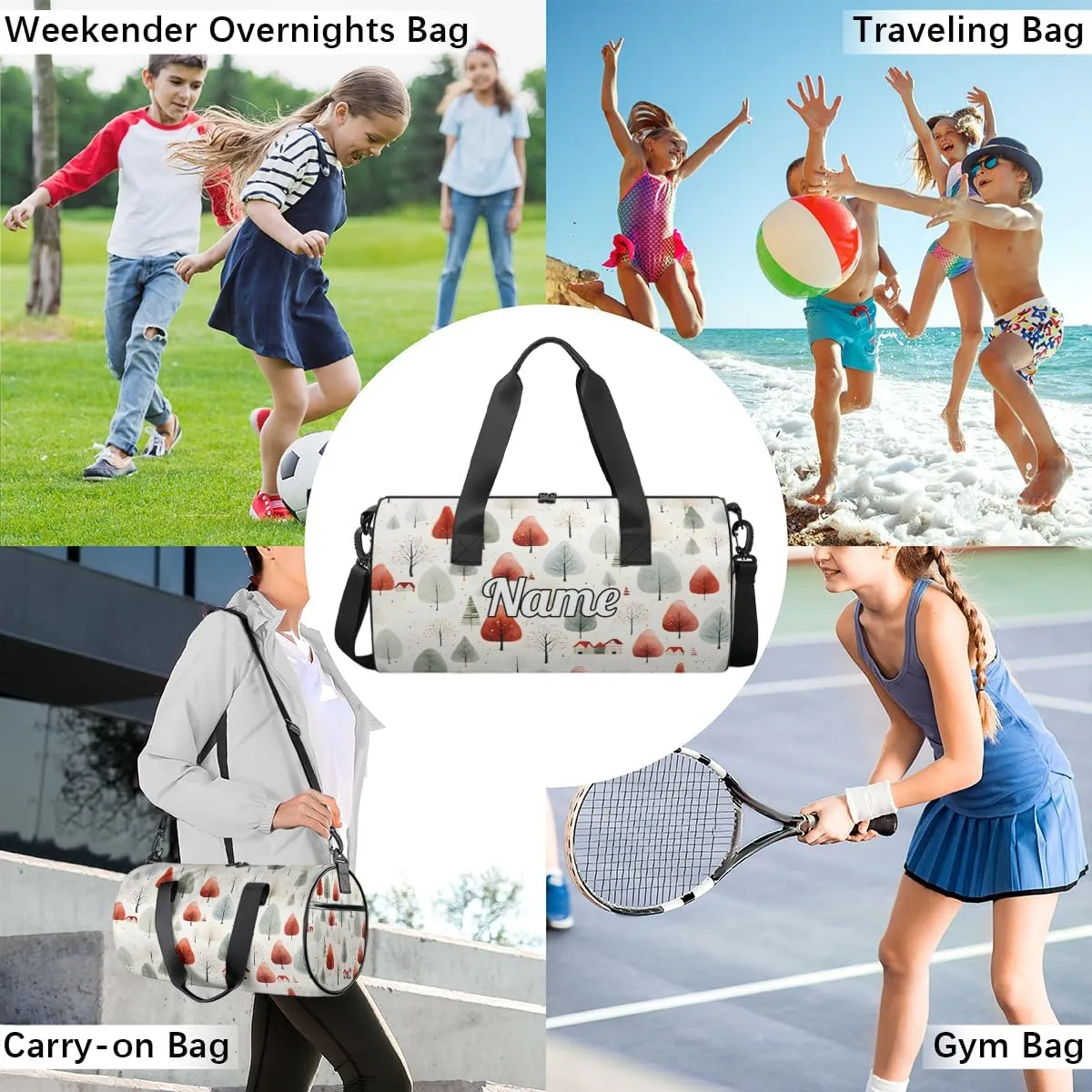 Personalized Sport Gym Bag Dance Duffle Ballet Bag Overnight Travel Sleepover Bags Swimming Hiking Camping, Watercolor Christmas Tree
