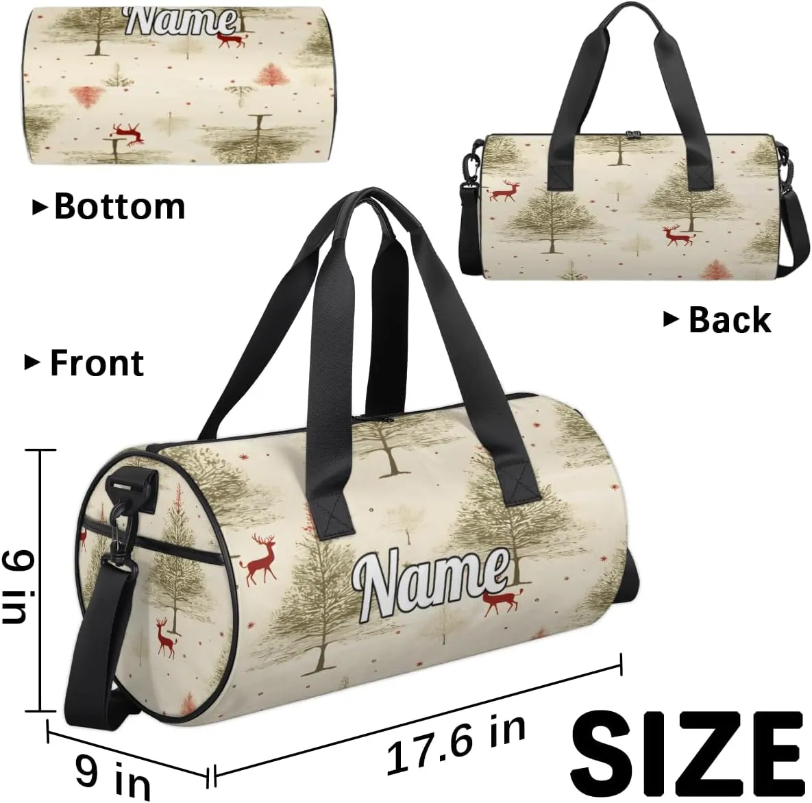 Personalized Sport Gym Bag Dance Duffle Ballet Bag Overnight Travel Sleepover Bags Swimming Hiking Camping, White Xmas Trees