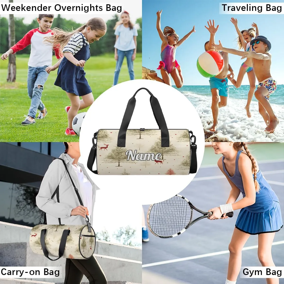 Personalized Sport Gym Bag Dance Duffle Ballet Bag Overnight Travel Sleepover Bags Swimming Hiking Camping, White Xmas Trees