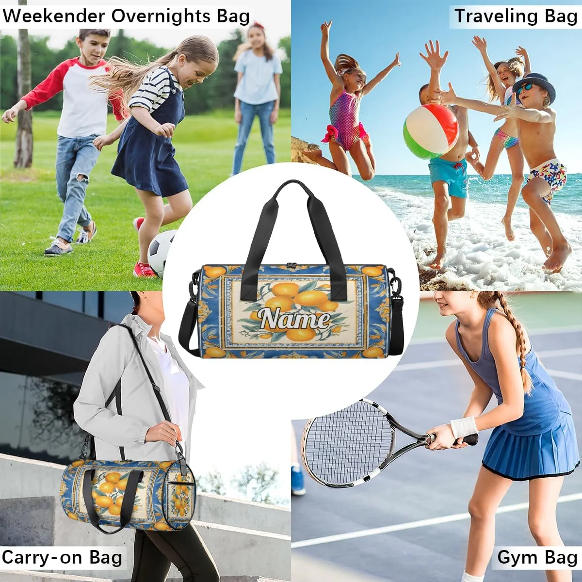 Personalized Sport Gym Bag Dance Duffle Ballet Bag Overnight Travel Sleepover Bags Swimming Hiking Camping, Yellow Lemon