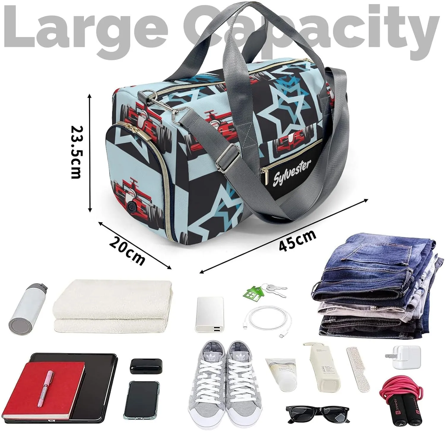 Personalized Stars and Race Car Custom Multi-functional Travel Bag, Unisex Portable Duffel Bag, Short Distance Travel Assistant