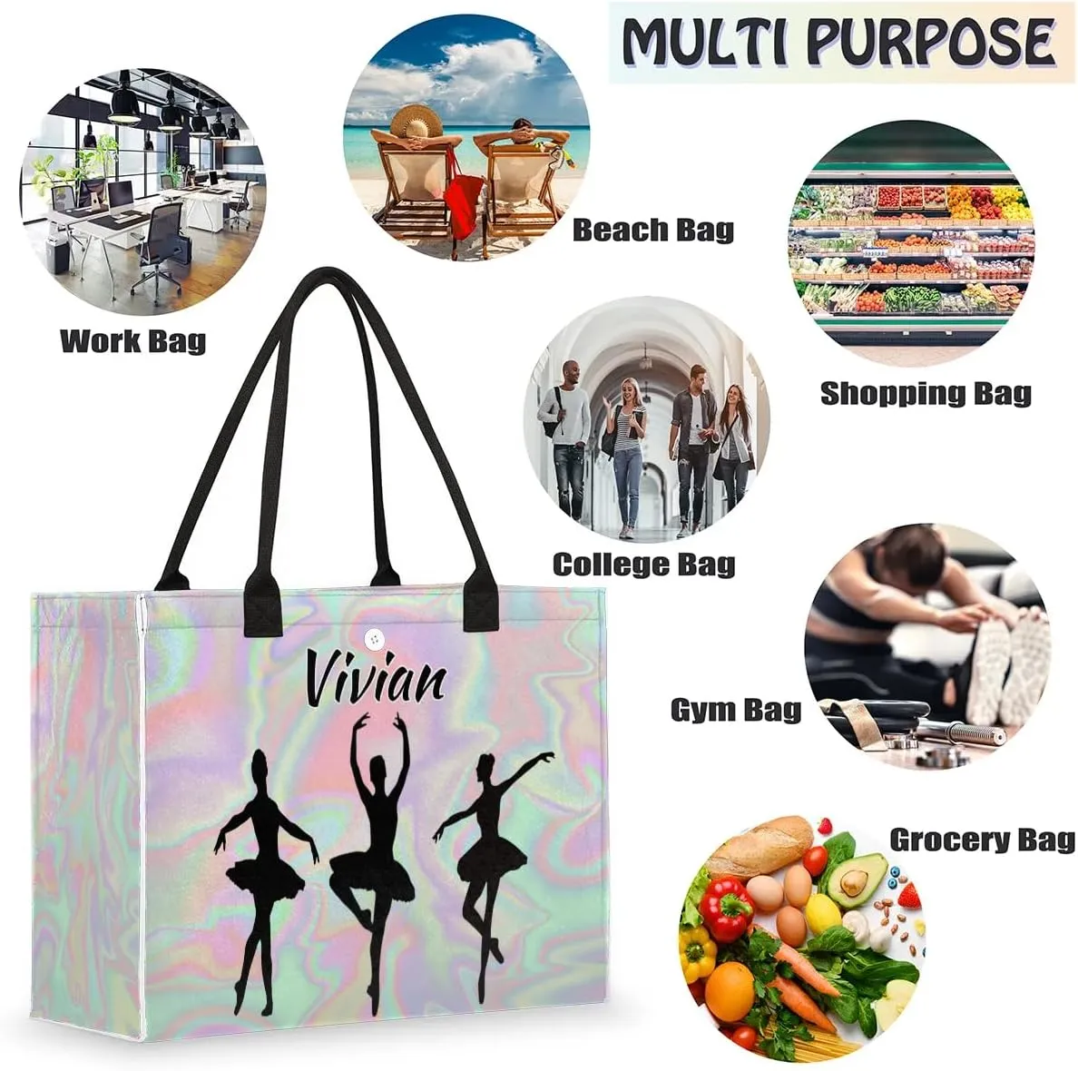 Personalized Women Casual Tote Bag Name, Customized Large Capacity Beach Shoulder Shopping Bag for Travel Daily Work