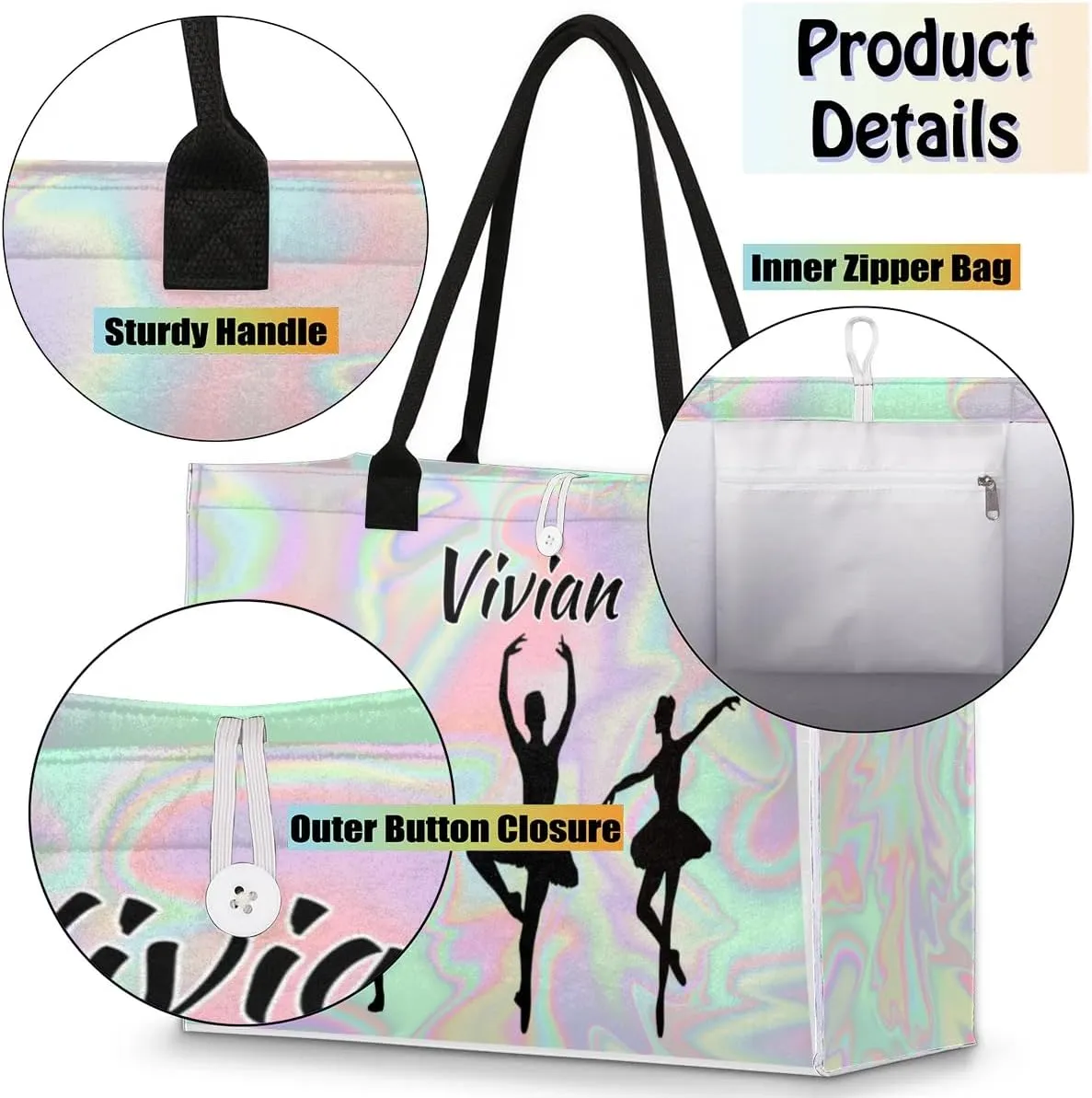 Personalized Women Casual Tote Bag Name, Customized Large Capacity Beach Shoulder Shopping Bag for Travel Daily Work