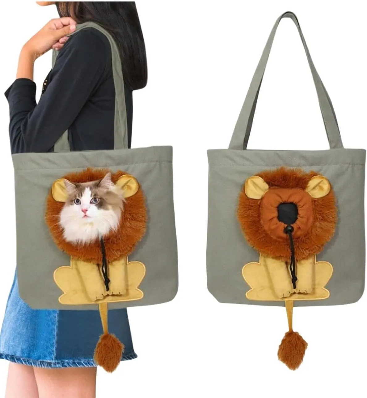 Pet Canvas Shoulder Bag Lion Shaped Cute Cat Carrier Handbag Portable Carrying Dog Tote Bag for Small Animal Supplies Outdoor Travel (C)