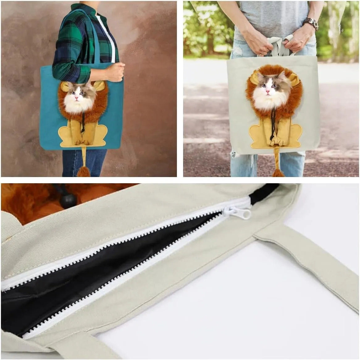 Pet Canvas Shoulder Bag Lion Shaped Cute Cat Carrier Handbag Portable Carrying Dog Tote Bag for Small Animal Supplies Outdoor Travel (C)