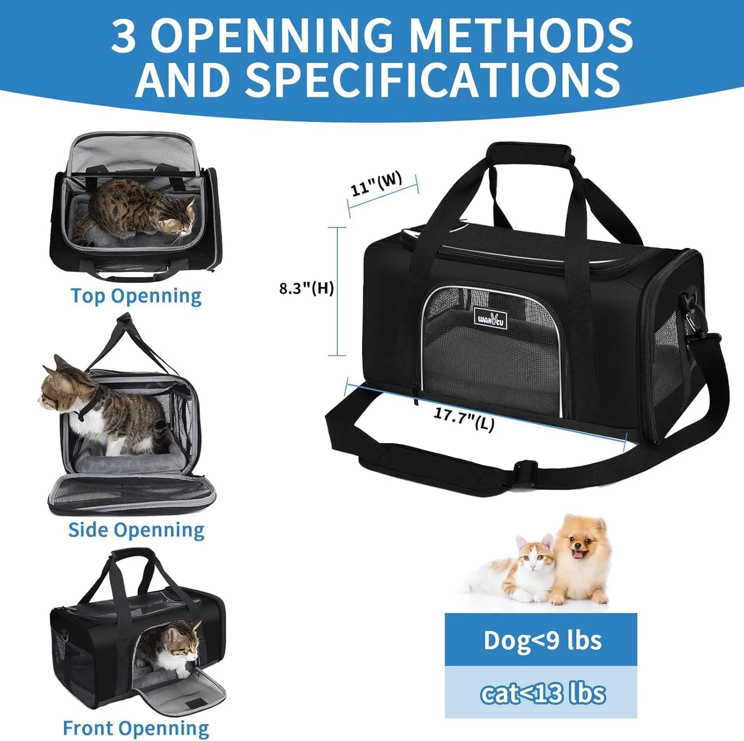 Pet Carrier for Small Dogs Cats TSA Approved Pet Travel Carrier Bag Adequate Ventilation Soft Dog Cat Carrier with Safety Lock Zipper