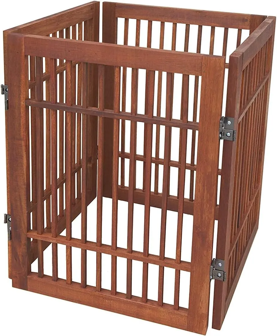 Pet Dog Gate Strong and Durable Freestanding Folding Acacia Hardwood Portable Wooden Fence Indoors or Outdoors by Urnporium (Brown Pet Gate, 4 Panel 24" Tall)