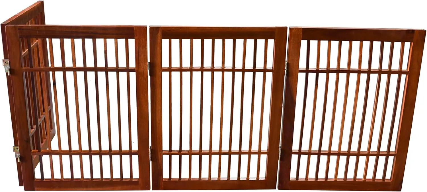 Pet Dog Gate Strong and Durable Freestanding Folding Acacia Hardwood Portable Wooden Fence Indoors or Outdoors by Urnporium (Brown Pet Gate, 4 Panel 24" Tall)