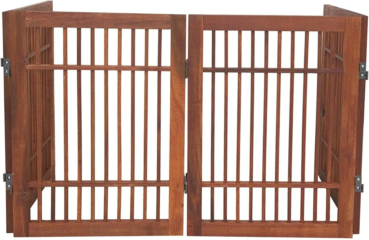 Pet Dog Gate Strong and Durable Freestanding Folding Acacia Hardwood Portable Wooden Fence Indoors or Outdoors by Urnporium (Brown Pet Gate, 4 Panel 24" Tall)