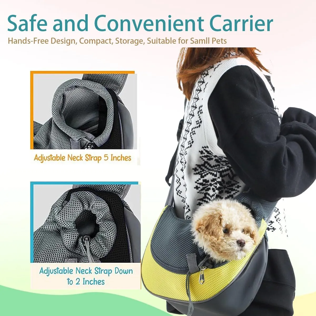 Pet Dog Sling Carrier Puppy Pet Slings Bag for Small Dogs Cats Satchel Carriers Breathable Mesh Hand Free with Adjustable Strap Doggie Crossbody for Outdoor Travel (Yellow, Large 5-12 lbs)