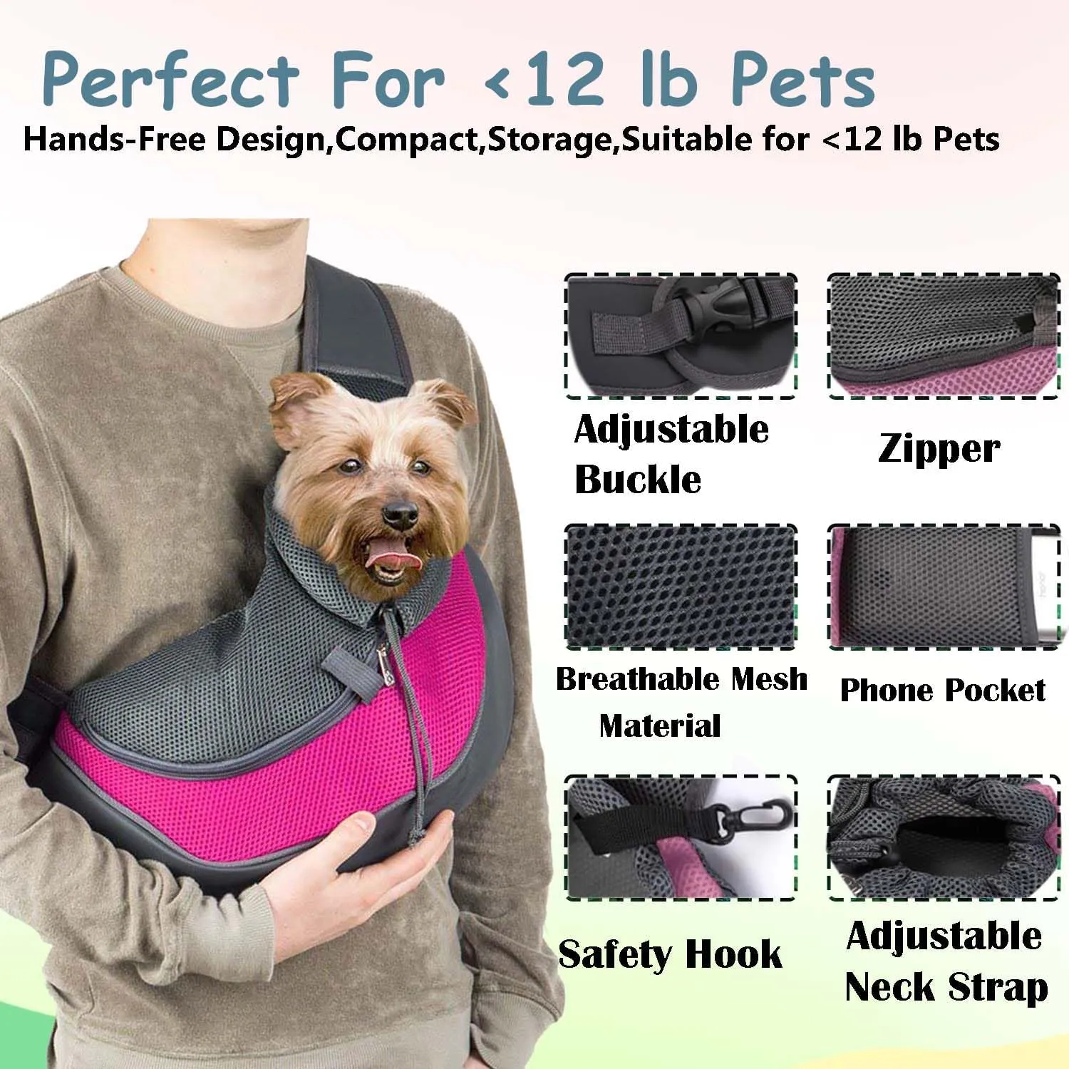 Pet Dog Sling Carrier Puppy Pet Slings Bag for Small Dogs Cats Satchel Carriers Breathable Mesh Hand Free with Adjustable Strap Doggie Crossbody for Outdoor Travel (Yellow, Large 5-12 lbs)
