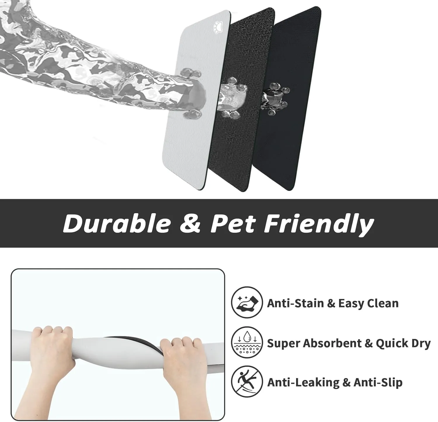 Pet Feeding Mat - Absorbent Dog Mat for Food and Water, No Stains Cat Bowl Mat, Easy to Clean Pet Placemats, Quick Dry Dog Water Dispenser Mat for Messy Drinkers | Light Grey 24"x36"