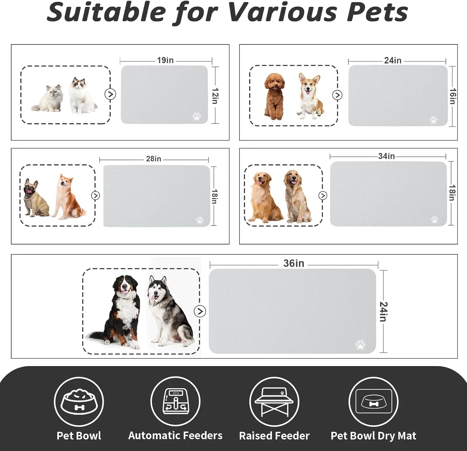 Pet Feeding Mat - Absorbent Dog Mat for Food and Water, No Stains Cat Bowl Mat, Easy to Clean Pet Placemats, Quick Dry Dog Water Dispenser Mat for Messy Drinkers | Light Grey 24"x36"