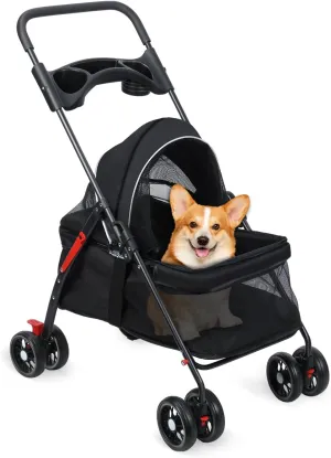 Pet Stroller with 4 Wheels,Foldable Pet Travel Carrier Portable Pet Bag Stroller with Cup Holder Breathable & Visible Mesh for Medium Small Dogs Cats Puppy Black