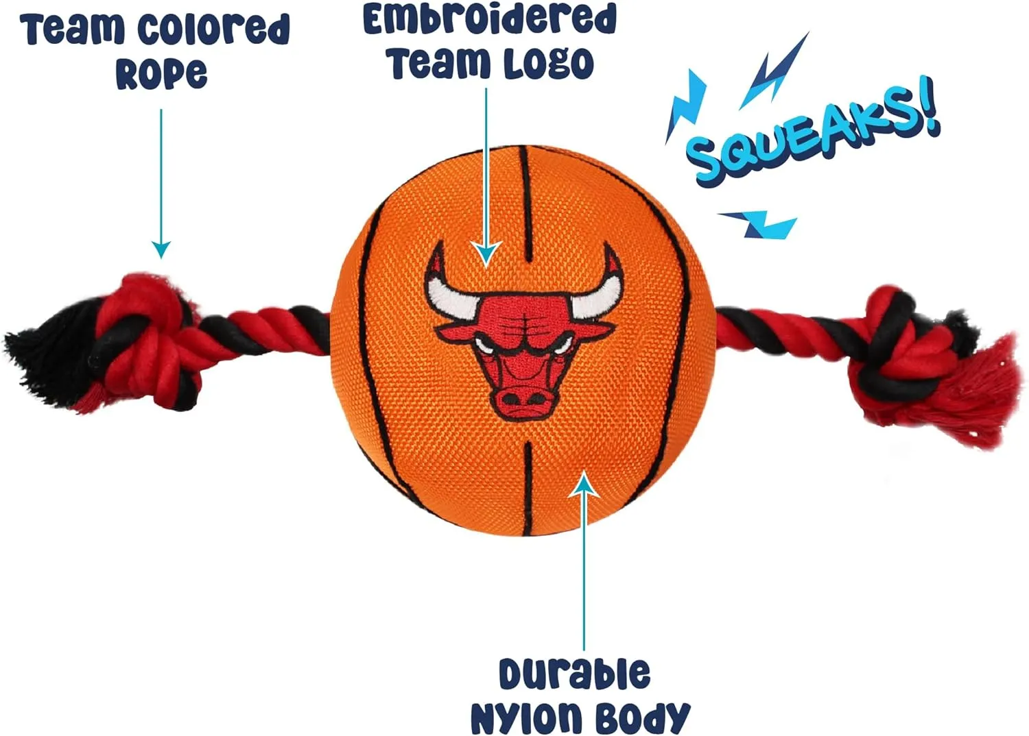 Pets First NBA Chicago Bulls Basketball Toy. - Tough Nylon Pet Toy with Tug Ropes & Inner Squeaker, One Size, BUL-3105