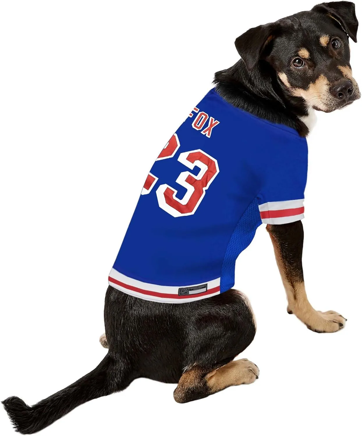 Pets First NHLPA Adam Fox Mesh Jersey for Dogs & Cats, New York Rangers Foxy-23 Dog Jersey, Size Medium, Licensed Dog Jersey with Your Favorite Hockey Team Player