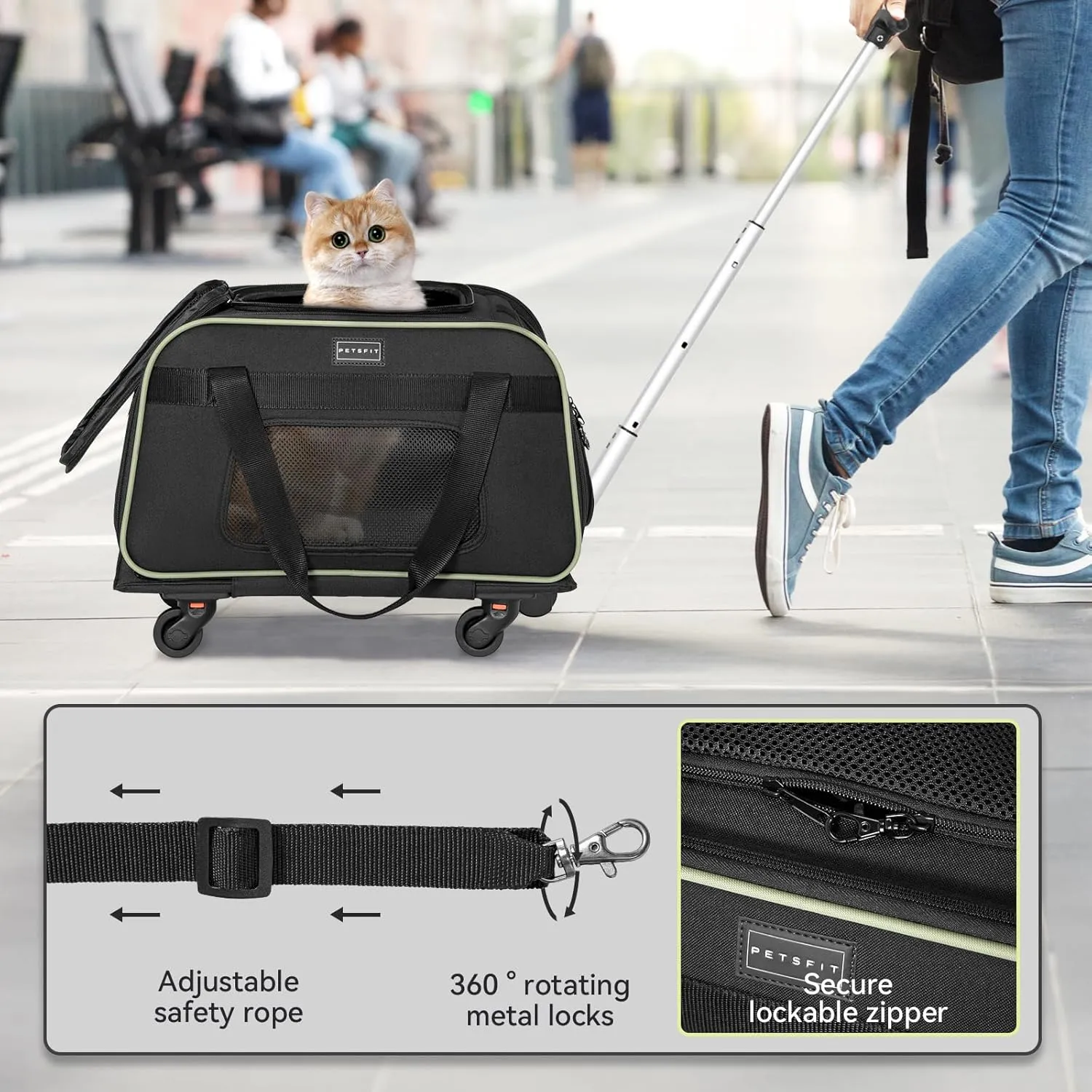 Petsfit Cat Carrier with Wheels Airline Approved, Pet Dog Carrier with Wheels for Small Dogs, Rolling Cat Carrier for Large Cats Puppy Stroller Detachable and Foldable Pet Travel Bag, Black&Green