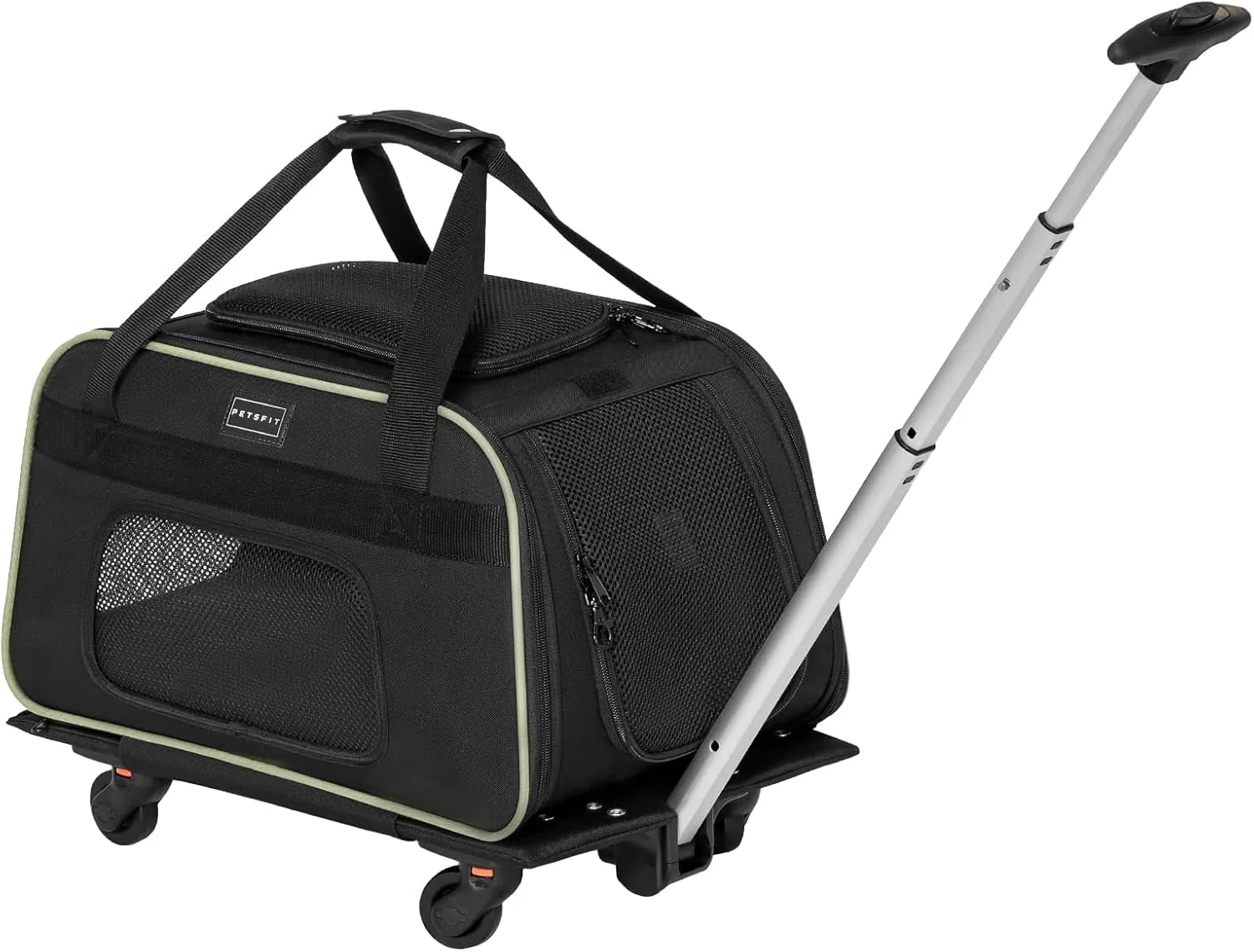 Petsfit Cat Carrier with Wheels Airline Approved, Pet Dog Carrier with Wheels for Small Dogs, Rolling Cat Carrier for Large Cats Puppy Stroller Detachable and Foldable Pet Travel Bag, Black&Green