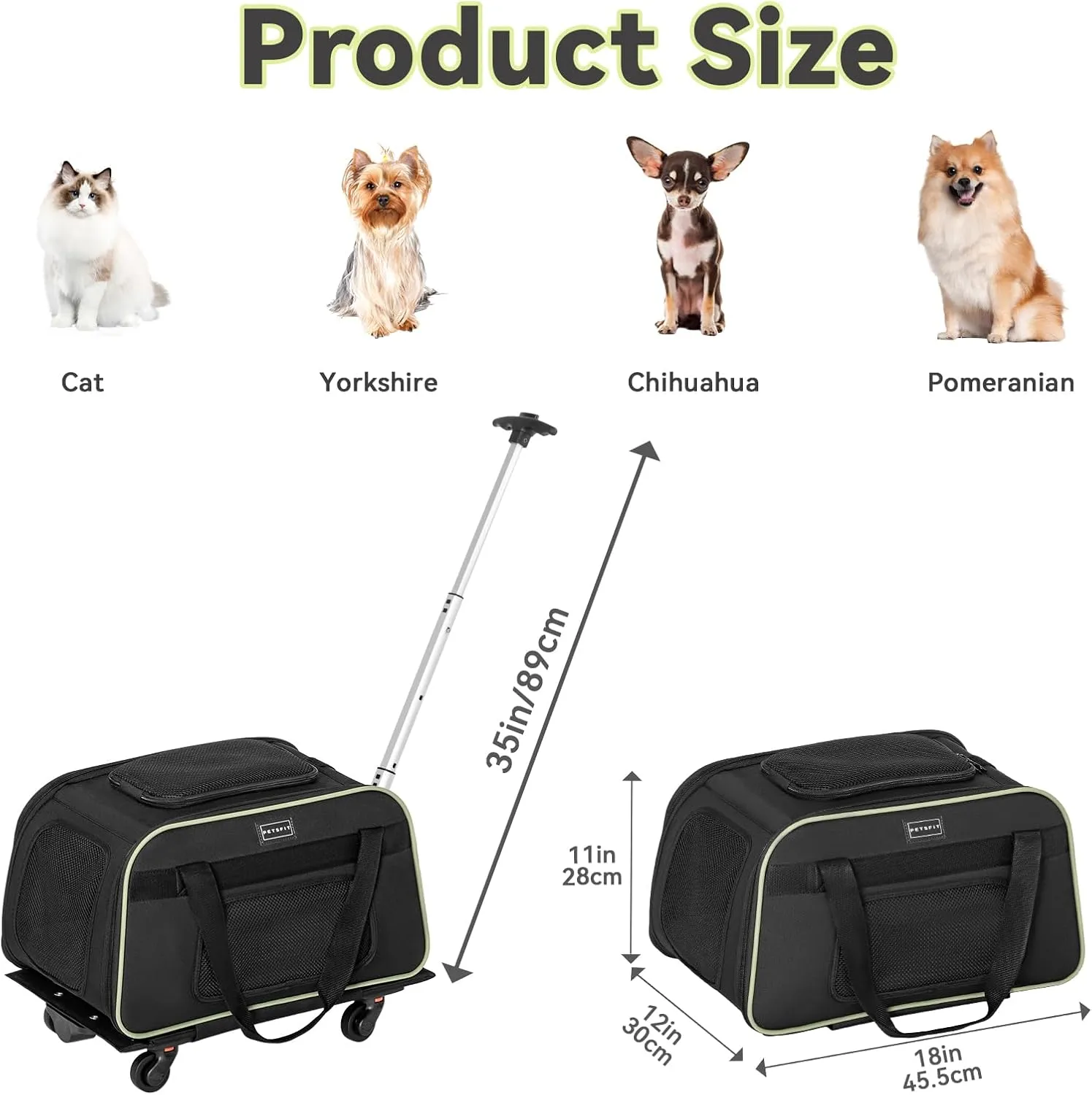 Petsfit Cat Carrier with Wheels Airline Approved, Pet Dog Carrier with Wheels for Small Dogs, Rolling Cat Carrier for Large Cats Puppy Stroller Detachable and Foldable Pet Travel Bag, Black&Green