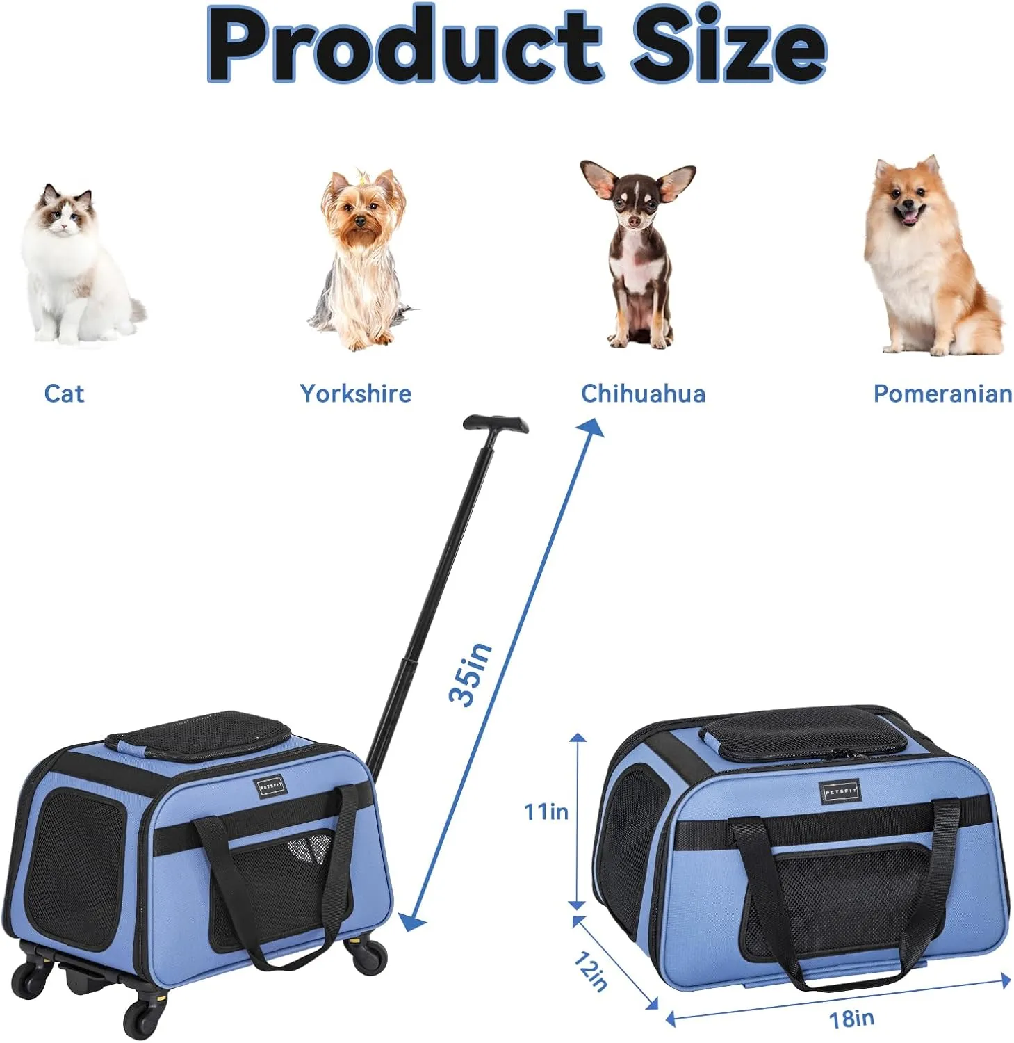 Petsfit Pet Carrier with Wheels, Rolling Cat Carrier for 2 Small Cats, Airline Approved Pet Carrier with Telescopic Handle Perfect for Travelling Under 15lb,Blue