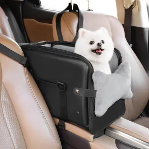 PetsHome Console Dog Car Seat for Small Dogs, Premium PU Leather Dog Booster Seat Portable Pet Car Seat with Double Fixation Seat Belts, Storage Pockets, Soft Pillow, Safety Leash-Black