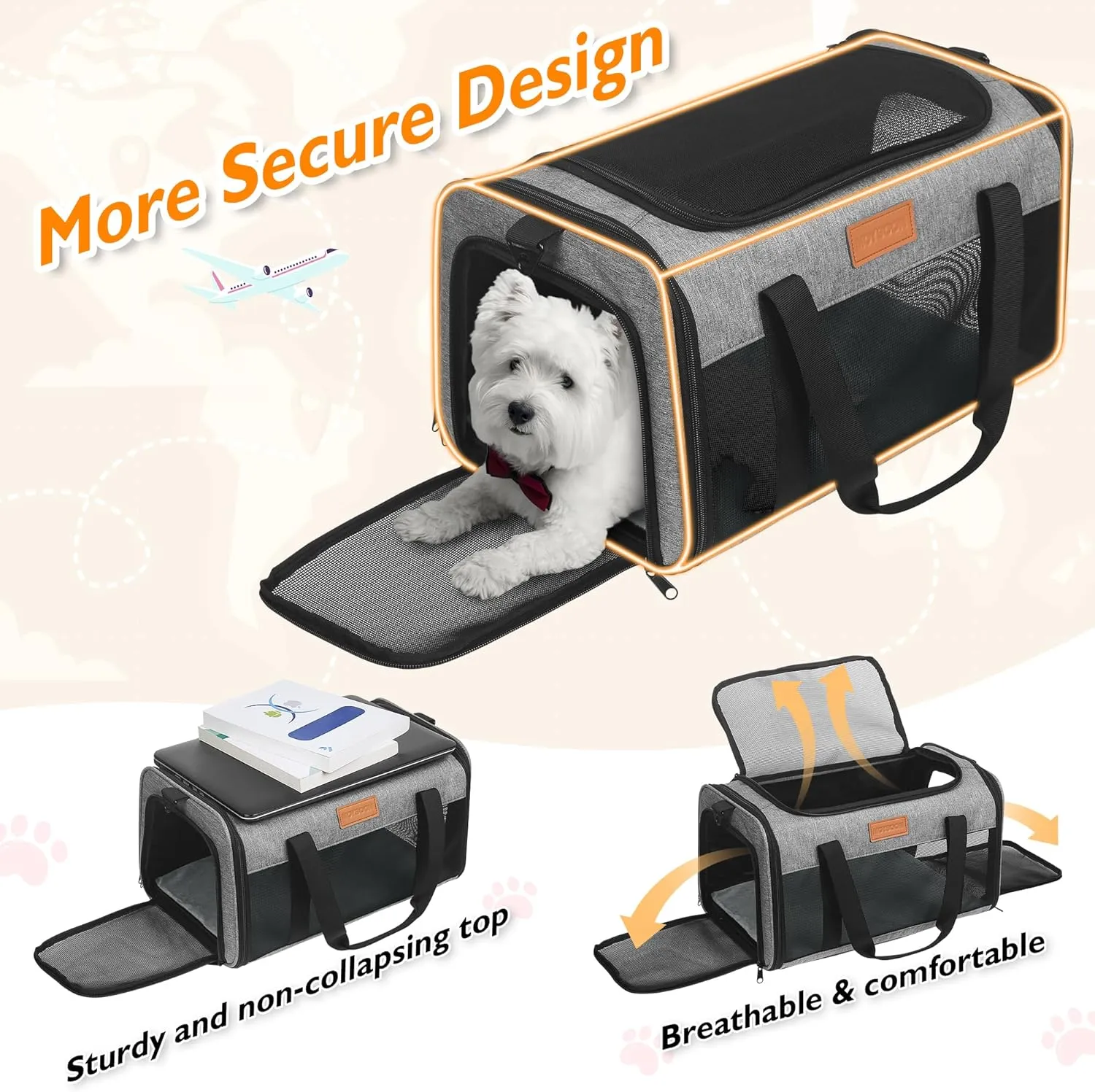PETUX TSA Approved Pet Carrier in Cabin, 17"x11"x9.5" Soft Cat Carriers for Small Cats Up to 15 Lbs, Top Open Portable Pet Carrier Airline Approved with Anti-Scratch Mesh for Travel, Vet Visit (Grey)