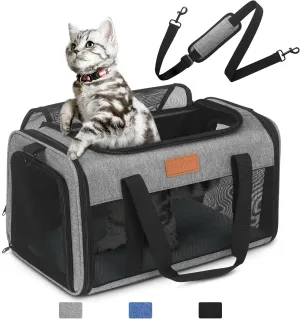 PETUX TSA Approved Pet Carrier in Cabin, 17"x11"x9.5" Soft Cat Carriers for Small Cats Up to 15 Lbs, Top Open Portable Pet Carrier Airline Approved with Anti-Scratch Mesh for Travel, Vet Visit (Grey)