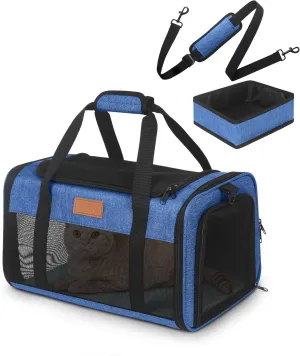 PETUX TSA Approved Pet Carrier in Cabin, 17"x11"x9.5" Soft Cat Carriers for Small Cats Up to 15 Lbs, Top-Open Portable Pet Carrier Airline Approved with Litter Box and Anti-Scratch Mesh (Blue)