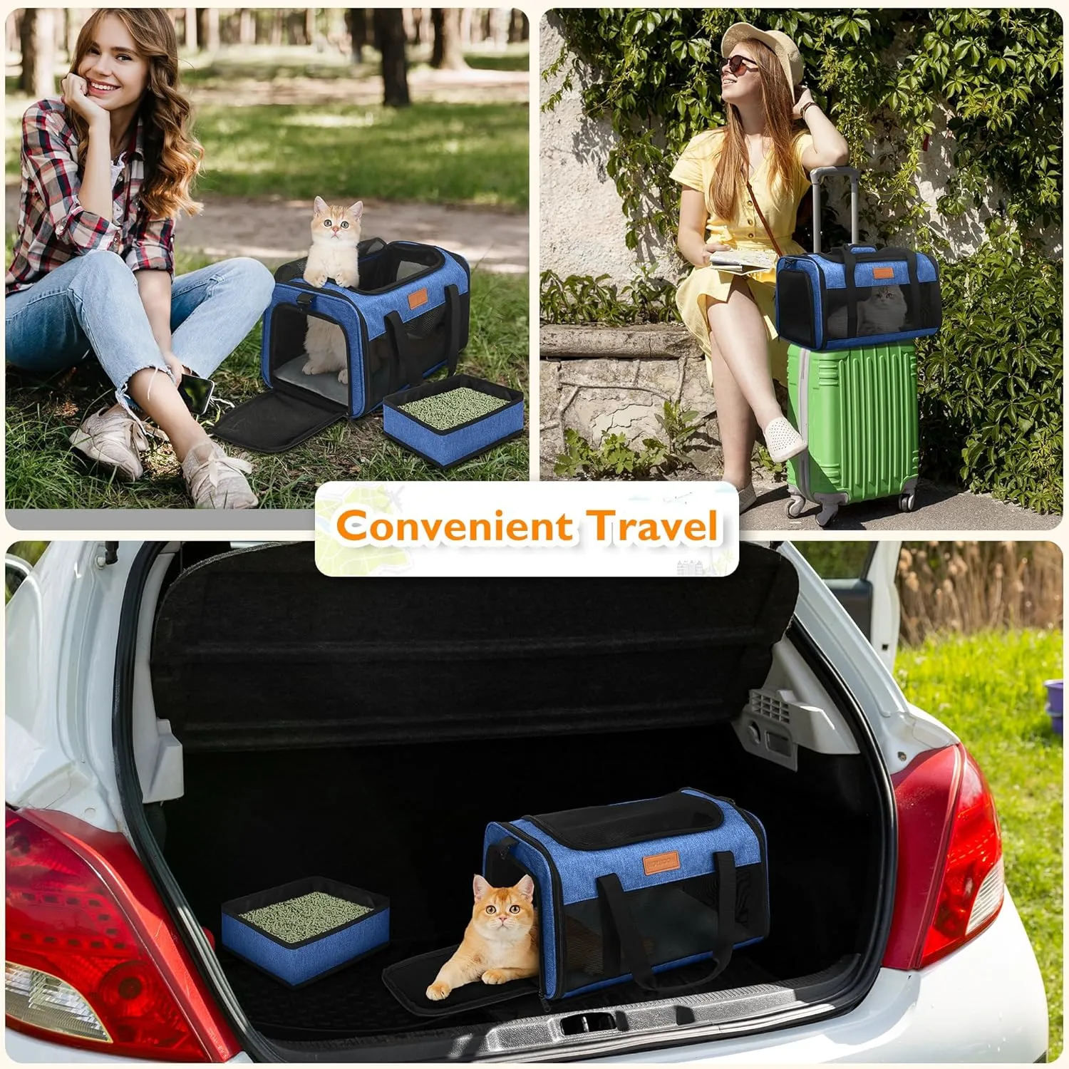 PETUX TSA Approved Pet Carrier in Cabin, 17"x11"x9.5" Soft Cat Carriers for Small Cats Up to 15 Lbs, Top-Open Portable Pet Carrier Airline Approved with Litter Box and Anti-Scratch Mesh (Blue)
