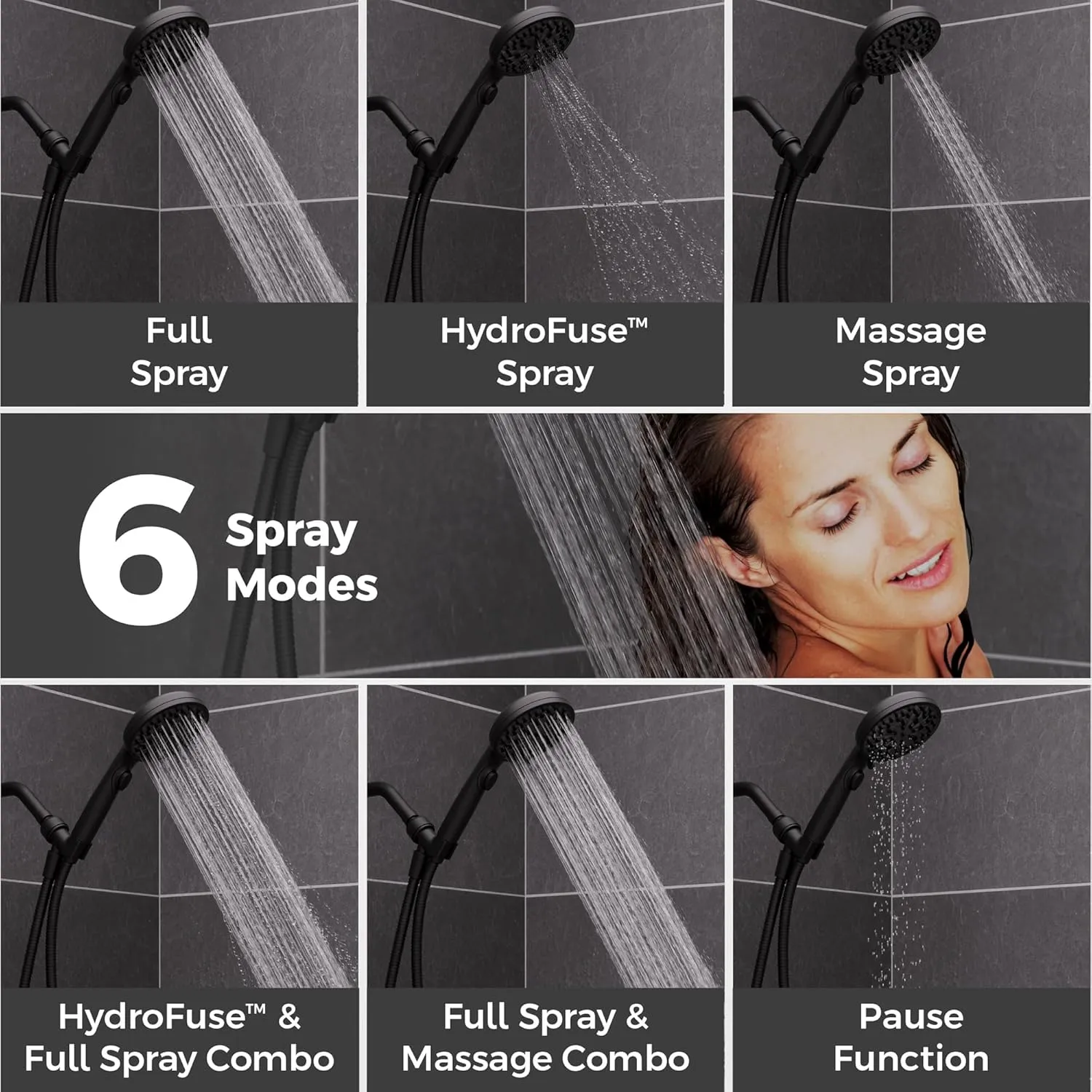 Pfister HydroFuse Handheld Shower Head, Hose Included, 6-Function, 1.75 GPM, Spot Defense Matte Black Finish, 016WS2HF01SDB