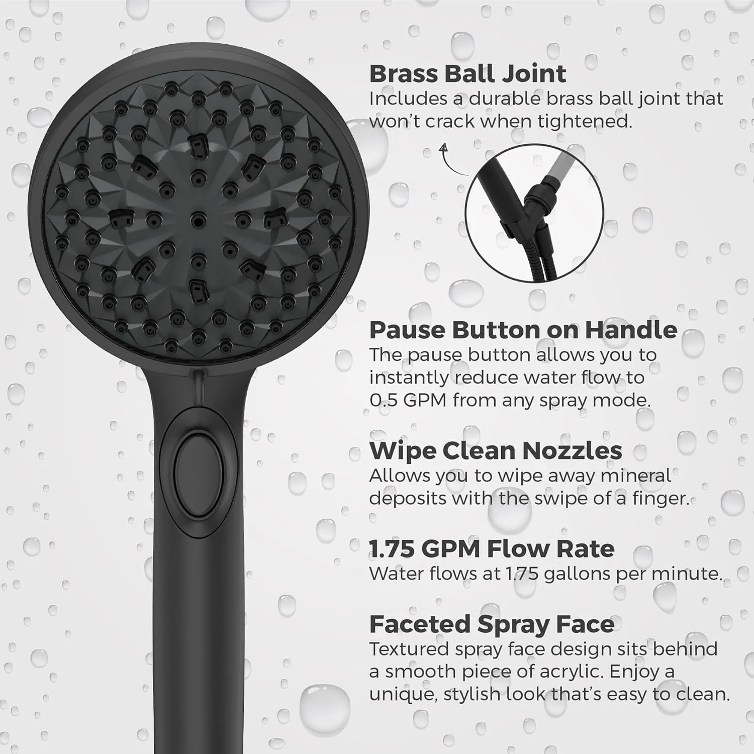 Pfister HydroFuse Handheld Shower Head, Hose Included, 6-Function, 1.75 GPM, Spot Defense Matte Black Finish, 016WS2HF01SDB