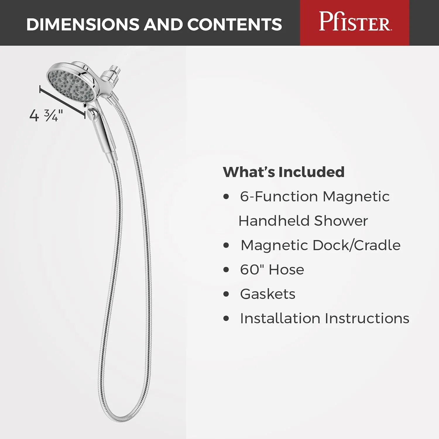 Pfister HydroFuse Handheld Shower Head, Hose Included, Magnetic Docking, 6-Function, 2.5 GPM, Polished Chrome Finish, 016HFM01CC