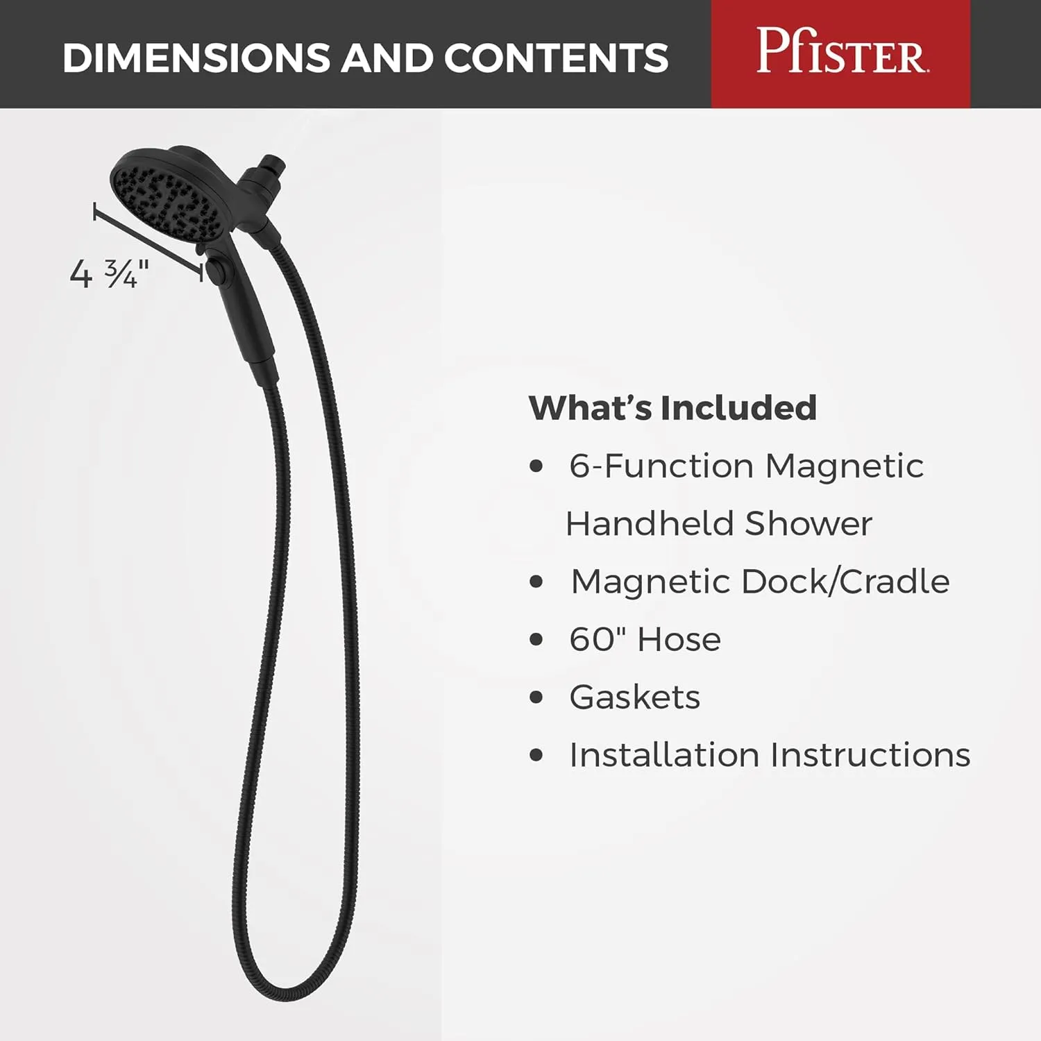 Pfister HydroFuse Handheld Shower Head, Hose Included, Magnetic Docking, 6-Function, 2.5 GPM, Spot Defense Matte Black Finish, 016HFM01SDB