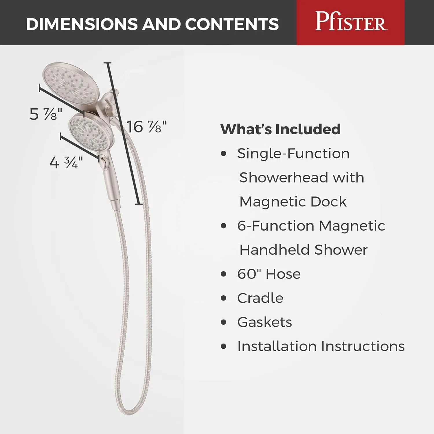 Pfister HydroFuse Shower Head and Handheld Combo, Hose Included, Magnetic Docking, 6-Function, 2.5 GPM, Spot Defense Brushed Nickel Finish, 020HFM01GS