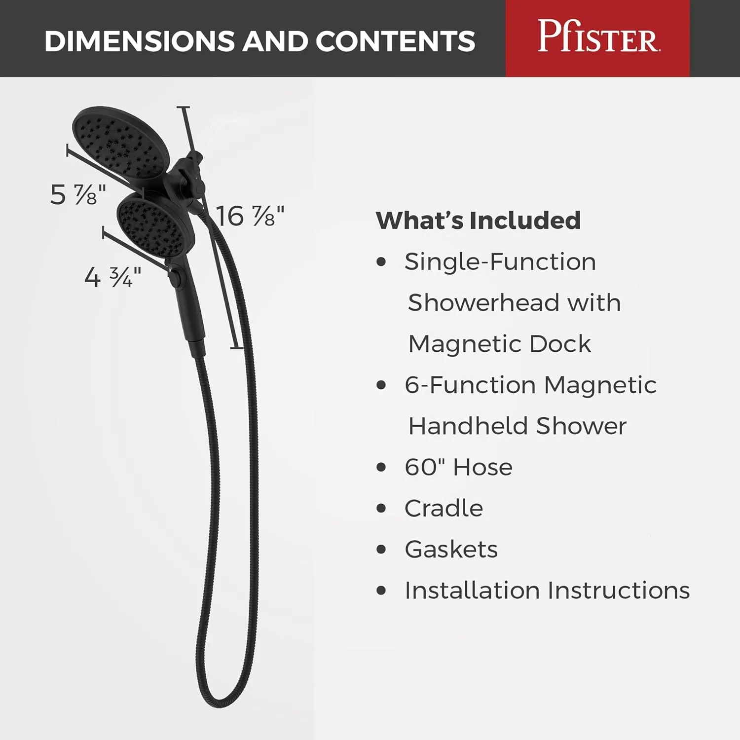Pfister HydroFuse Shower Head and Handheld Combo, Hose Included, Magnetic Docking, 6-Function, 2.5 GPM, Spot Defense Matte Black Finish, 020HFM01SDB