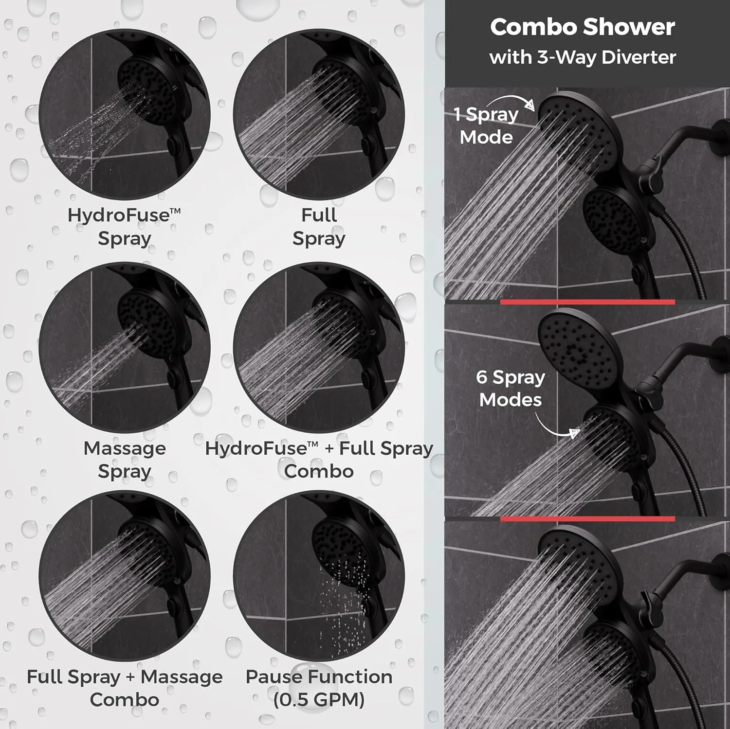Pfister HydroFuse Shower Head and Handheld Combo, Hose Included, Magnetic Docking, 6-Function, 2.5 GPM, Spot Defense Matte Black Finish, 020HFM01SDB