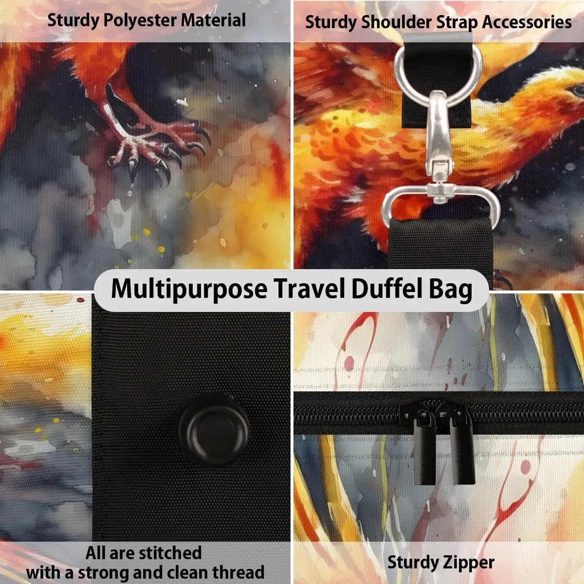 Phoenix Printed Travel Duffel Bag for Women Men Waterproof Foldable Overnight Weekender Bag Large Capacity Sports Gym Bag