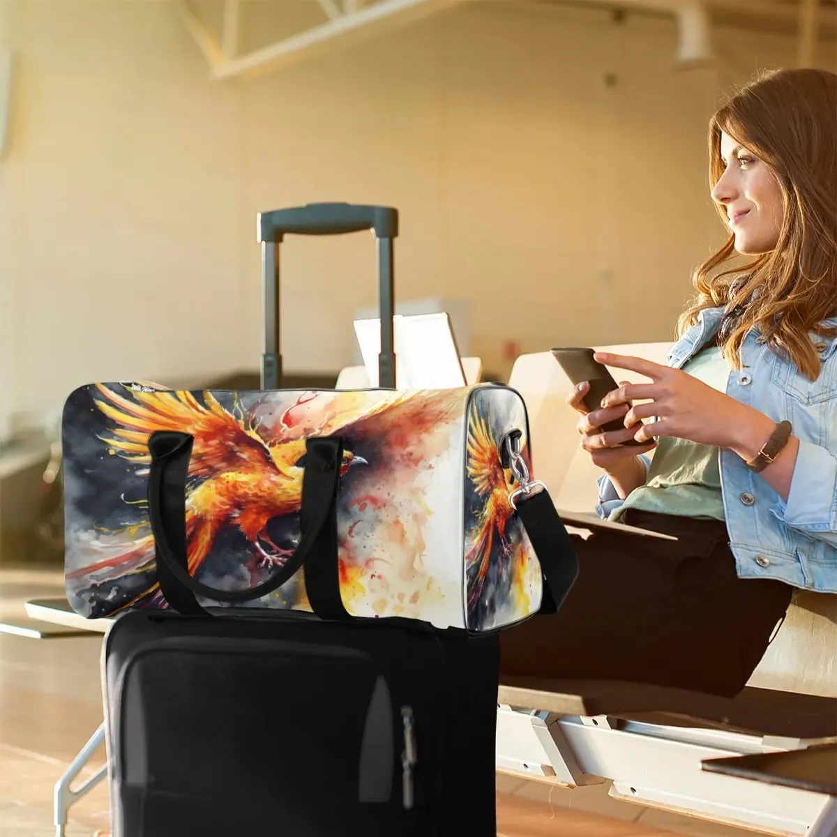 Phoenix Printed Travel Duffel Bag for Women Men Waterproof Foldable Overnight Weekender Bag Large Capacity Sports Gym Bag