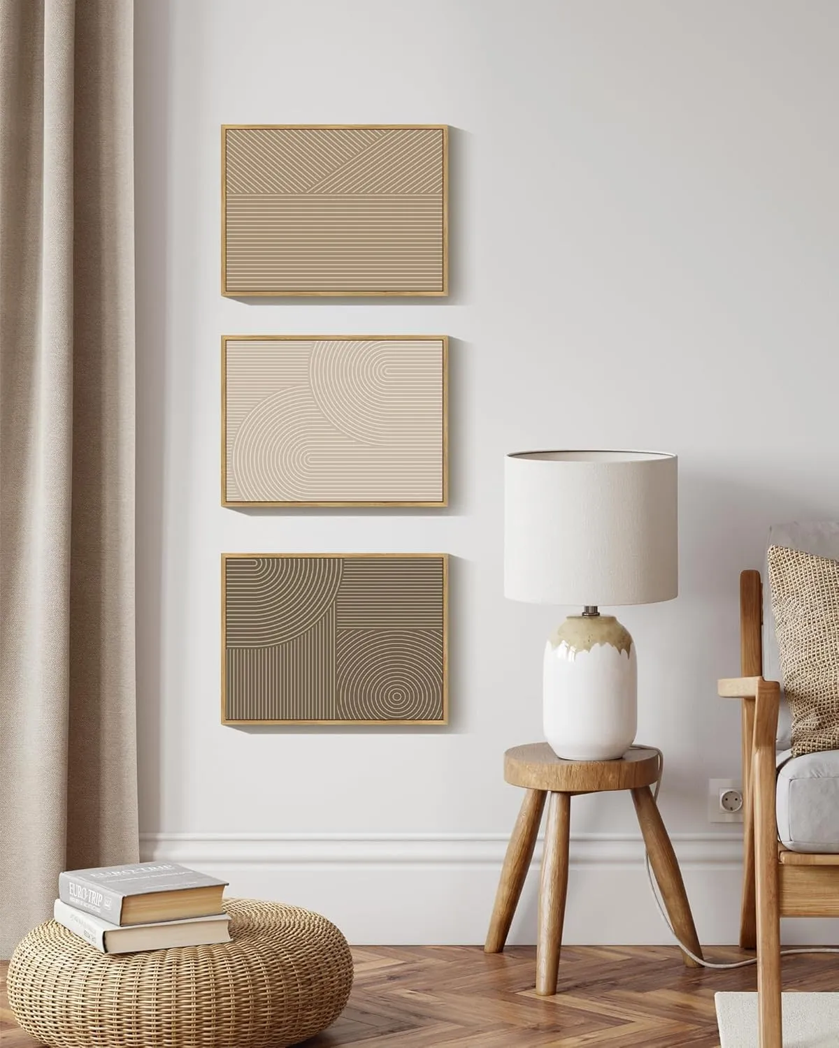 PHOPAGO Minimalist Abstract Framed Wall Art Modern Boho Neutral Line Wall Decor Geometric Artwork Kitchen Dining Room 11x14in Natural Framed