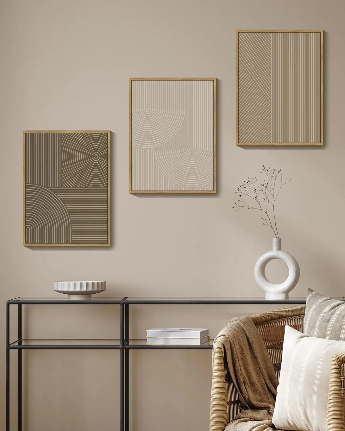 PHOPAGO Minimalist Abstract Framed Wall Art Modern Boho Neutral Line Wall Decor Geometric Artwork Kitchen Dining Room 11x14in Natural Framed