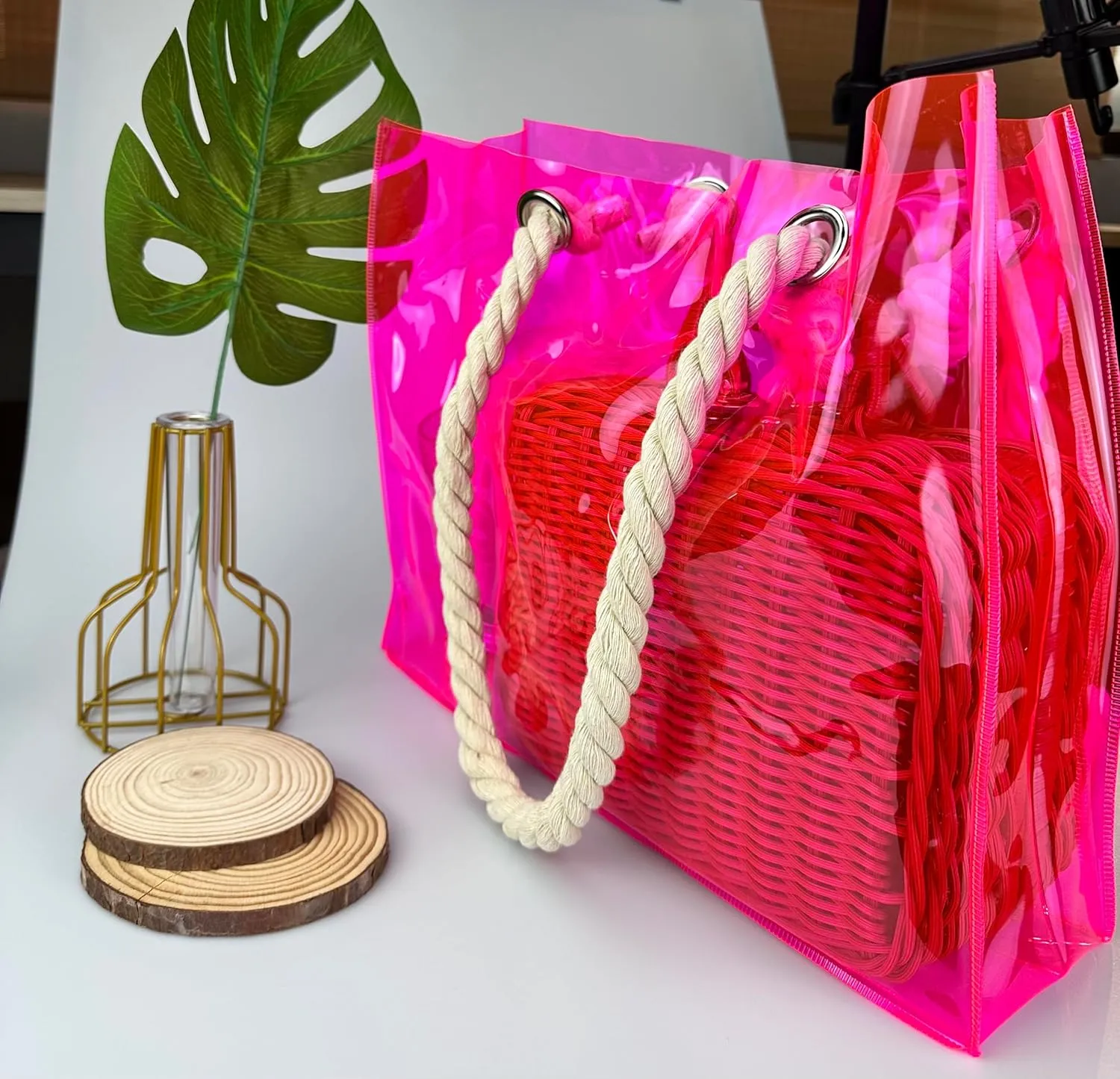 Pink Clear travel beach bag, summer vacation tote, concert event tote, transparent PVC bag for toiletries makeups