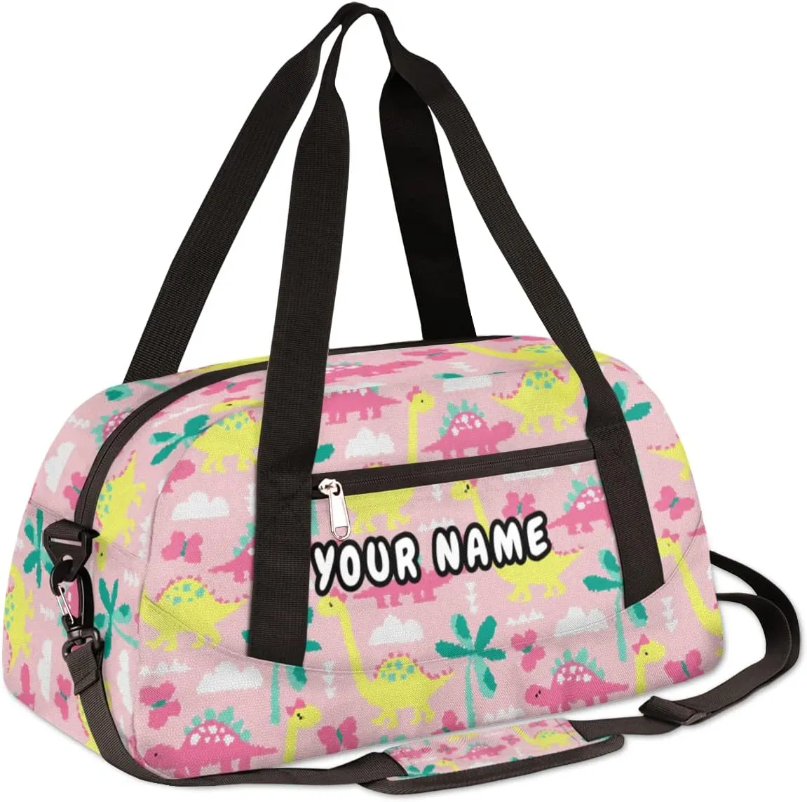 Pink Dinosaur Personalized Kids Duffel Bag for Girls Boys, Dinosaur Debris Custom Name Dance Bag Overnight Small Duffel Bag Carry On Weekend Sports Travel Bag for School Practice Gymnastics Ballet