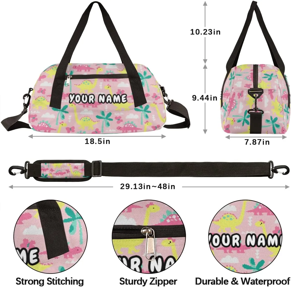 Pink Dinosaur Personalized Kids Duffel Bag for Girls Boys, Dinosaur Debris Custom Name Dance Bag Overnight Small Duffel Bag Carry On Weekend Sports Travel Bag for School Practice Gymnastics Ballet